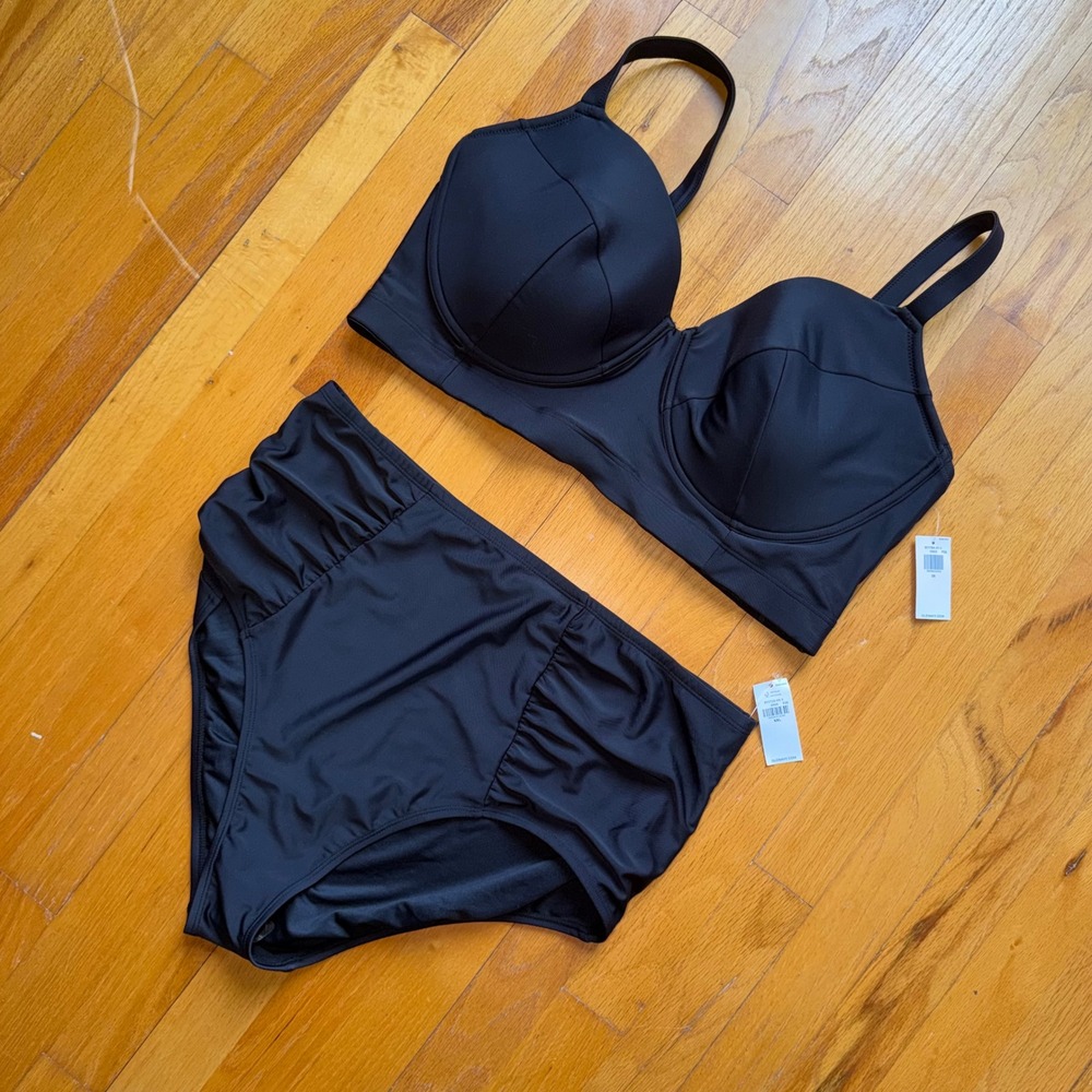 NEW Old Navy Black Underwire Longline Bikini Top High Waisted Bottoms 2X Swim
